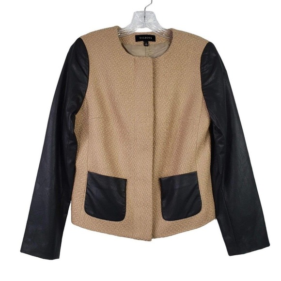 Talbots Blazer Jacket Womens 4 Wool Faux Leather Accents Tan Black Crop - Picture 2 of 8